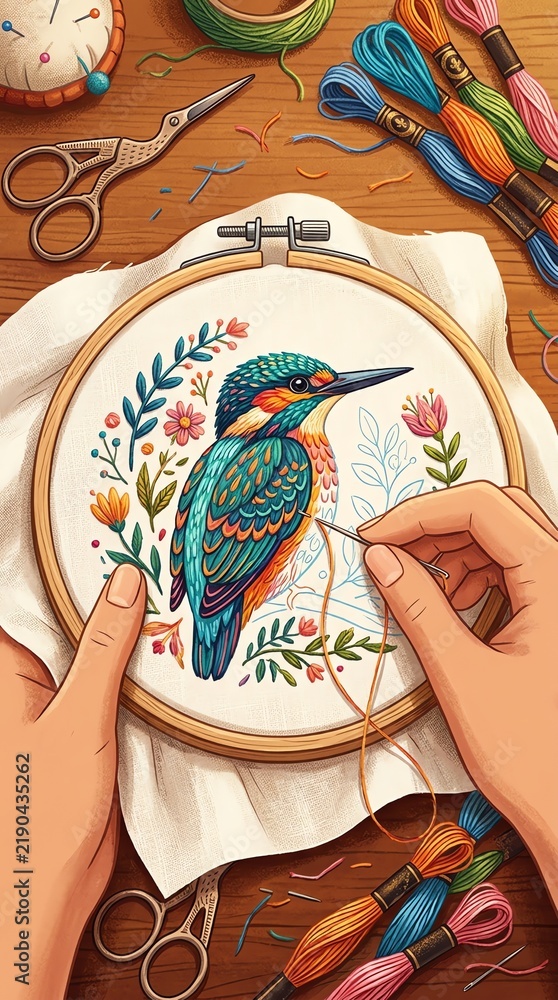 Obraz premium Hand Embroidering Colorful Hummingbird Design on Fabric.
