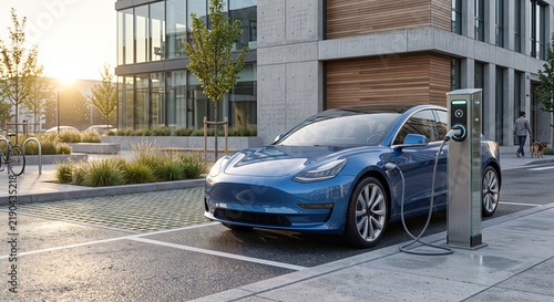 Blue electric car charging at outdoor station beside modern office building during sunset.