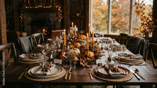 Thanksgiving dinner table decoration with autumn ambiance and warm lighting