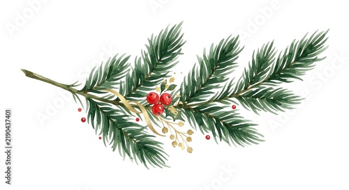 Watercolor Christmas Pine Branch With Red Berries And Gold Ribbon Isolated On White Background