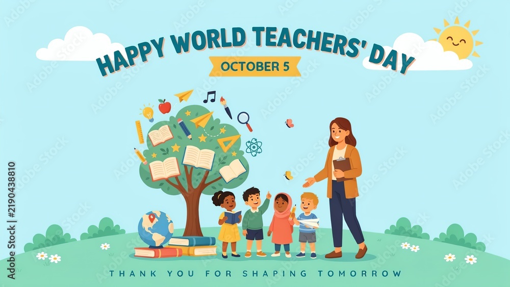 Fototapeta premium Teacher and kids celebrating world teachers day
