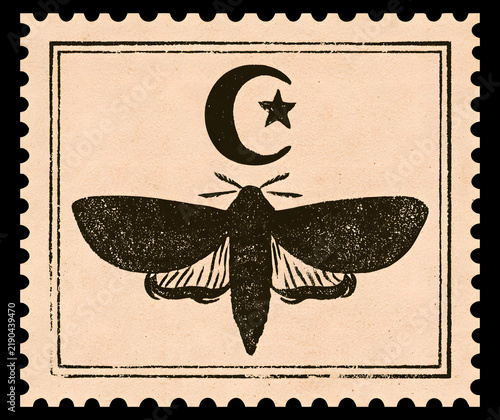 A vintage Halloween postage stamp featuring a moth silhouette