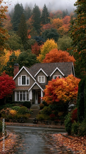 a house nestled amidst a dense forest during autumn. The house is a twostory structure with a dark gray roof, white trim, and large windows. It is surrounded by vibrant fall foliage in red, orange.