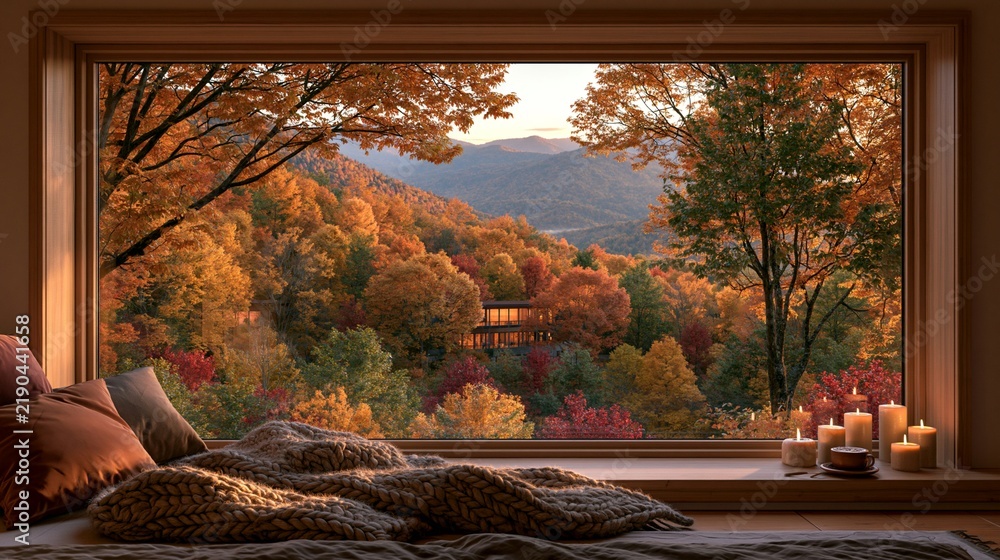 Fototapeta premium a serene autumnal landscape. A large, ornate window frames a breathtaking view of a forested hillside bathed in warm, golden sunlight. The trees are adorned with vibrant autumnal colors.