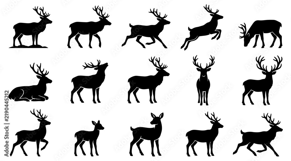 Fototapeta premium Set of black reindeer silhouettes in various poses for winter holiday design projects