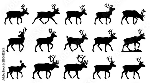 Set of reindeer silhouettes walking in various poses for Christmas holiday design projects