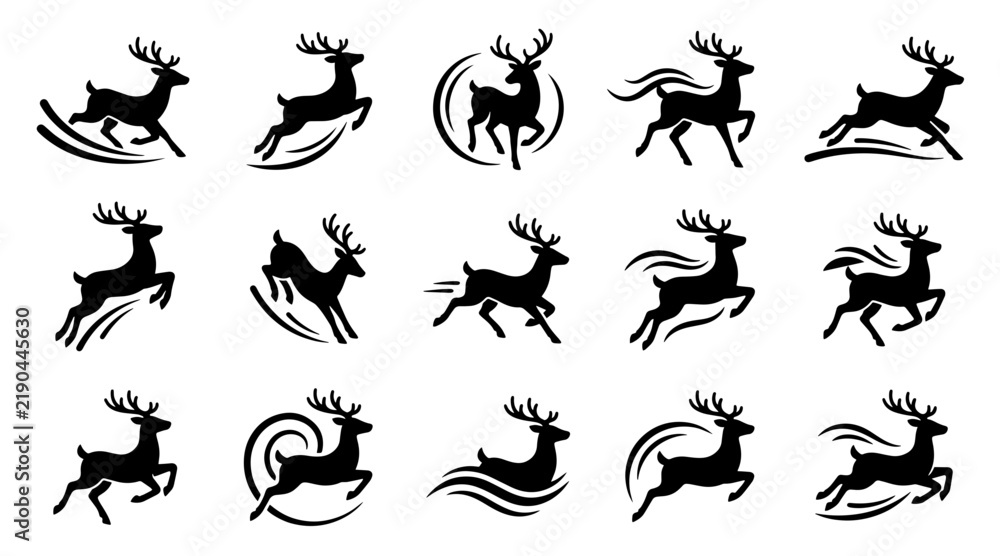 Fototapeta premium Reindeer Silhouette Motion Set with Running Deer Icons and Jumping Stag Vector Graphics