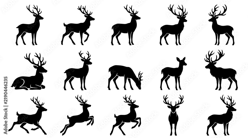Fototapeta premium Christmas Reindeer Silhouette Set in Various Poses for Holiday Design Projects