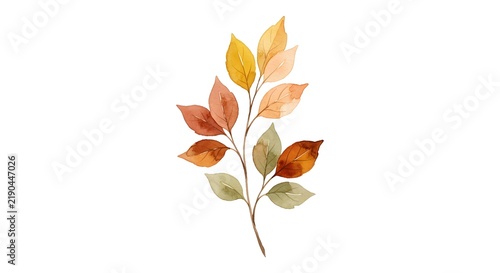 Watercolor Painting Of Autumn Leaves Branch With Warm Yellow Orange And Green Hues On White Background