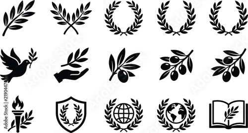 Vintage laurel wreath and olive branch collection with peace dove illustrations