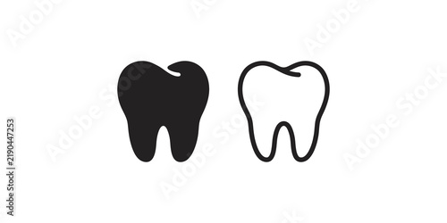 Dental tooth icon vector in solid silhouette and linear outline designs.