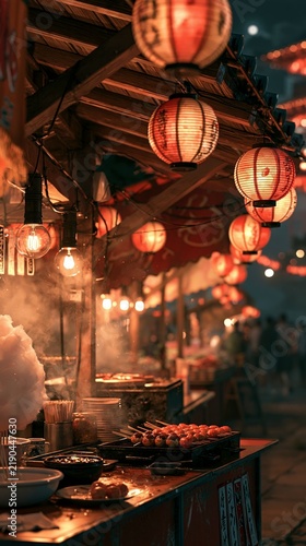 Traditional Chinese Mid Autumn Festival. a bustling street food stall at night, illuminated by traditional lanterns. The lanterns, primarily red and orange, hang above the stall.