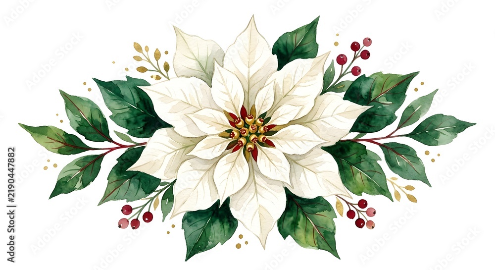 Obraz premium Watercolor White Poinsettia Christmas Flower Arrangement With Green Leaves And Red Berries Isolated