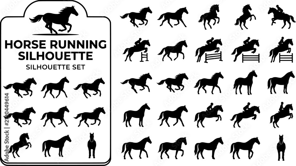 Fototapeta premium Horse Running Silhouette Set Black White Animal Vector Isolated White Background 