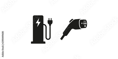 Charging station and plug icon set for electric vehicle power refueling.