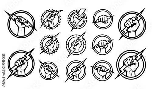 Fist Holding Lightning Bolt Vector Emblem Set with Strong Power and Energy Symbols for Sports Teams, Gaming Logos, and Corporate Branding Designs