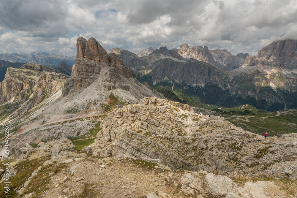 Fototapeta premium Cortina d'Ampezzo, Italy. Panoramic view of the Dolomites and Cinque Torri from Mount Nuvolau
