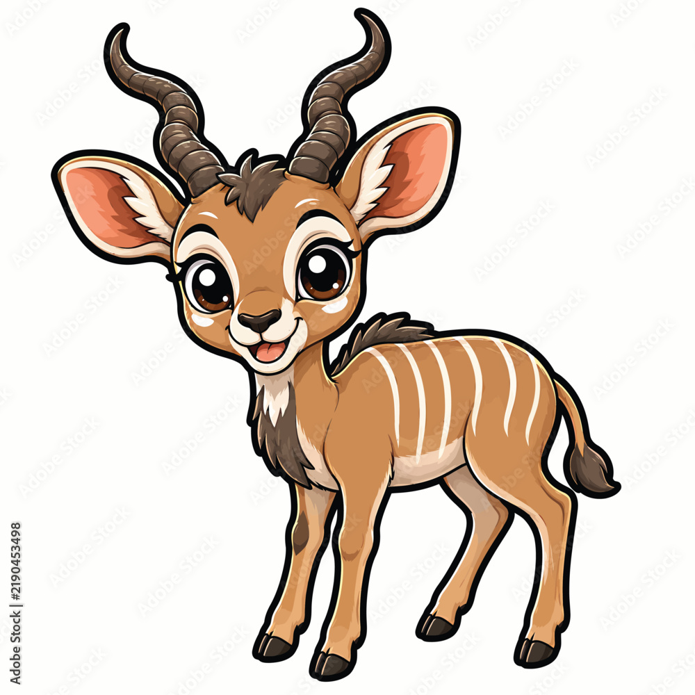 Fototapeta premium Cute cartoon antelope standing gracefully with curved horns, expressive eyes, and warm brown markings, isolated wildlife illustration for nature themes