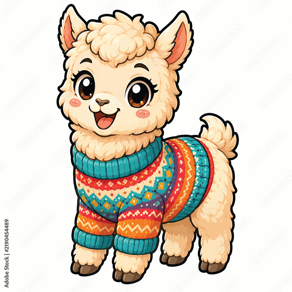 Fototapeta premium Cute fluffy alpaca wearing a colorful knitted sweater, charming kawaii farm animal illustration for winter fashion, warmth, and cozy designs