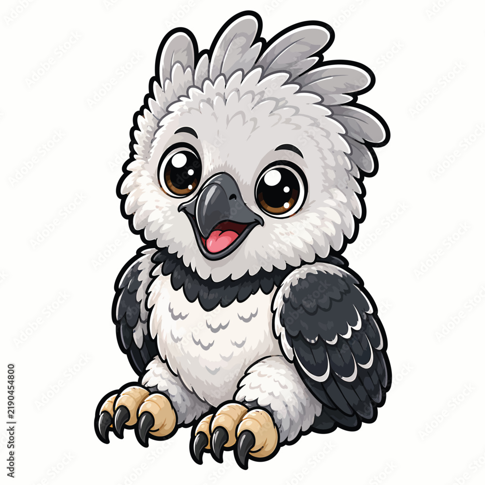 Fototapeta premium Adorable fluffy gray cartoon owl with big expressive eyes and tiny wings, charming kawaii bird illustration for wildlife, forest nature, and children’s designs