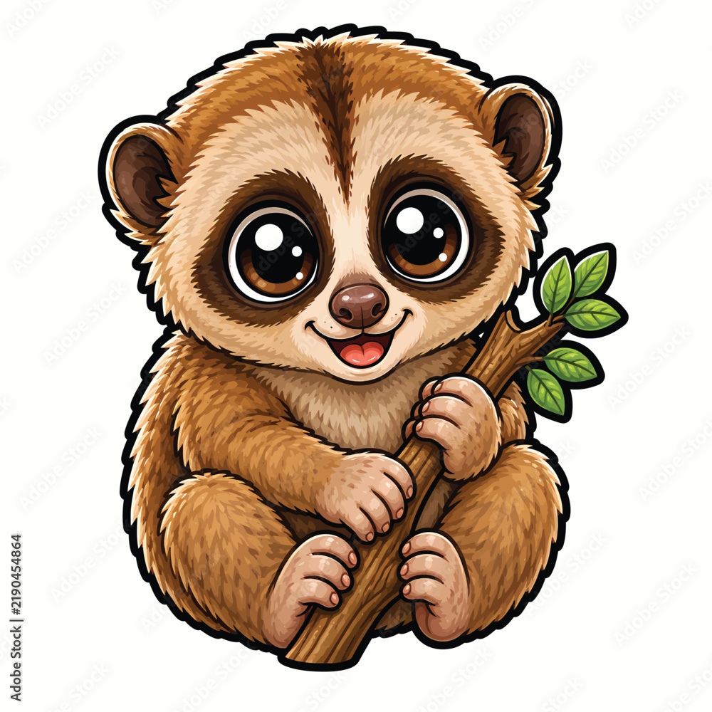 Obraz premium Cute baby sloth hanging from a branch with big sparkling eyes and a sweet smile, charming woodland animal cartoon illustration
