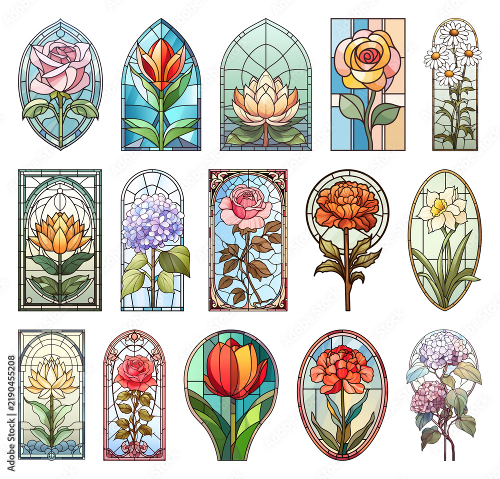 Obraz premium PNG Stained glass floral window set with roses, lilies and blossoms, transparent background
