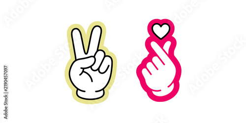 Fotografie Hand gestures showing peace sign and finger heart shape colorful vector stickers for social media communication design
