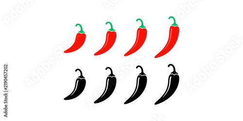 Foto two rows of four chili peppers in varying sizes presented in vibrant red and classic black