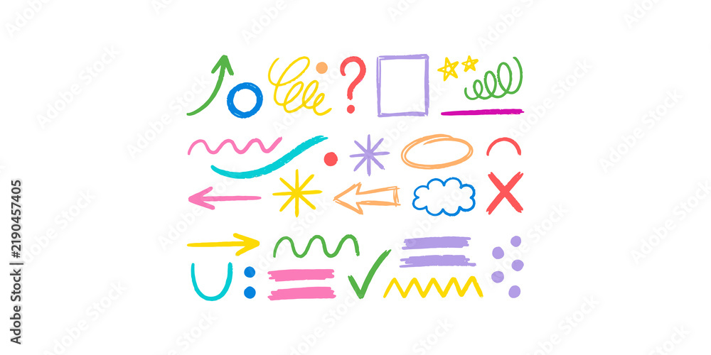 Fototapeta premium Hand drawn doodle markers elements set includes arrows stars and swirls in rainbow colors for school design and decoration.