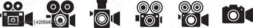 Set of six black film camera and video recorder icons isolated on a white background
