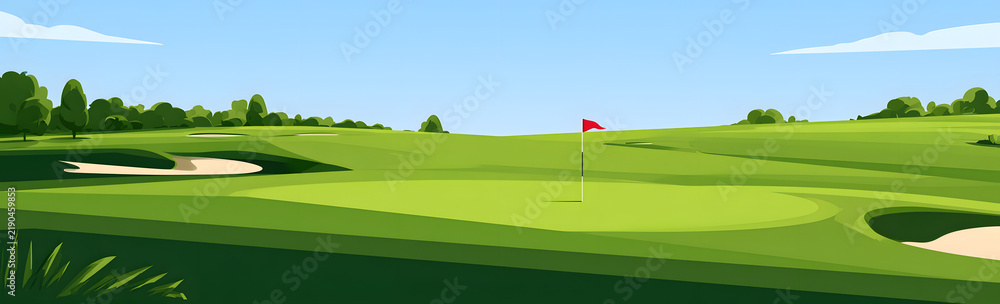 Obraz premium Golf course graphics. A flat design vector image of a golf course featuring bunkers, putting green, and a golf ball. Ideal for use in golfing posters, landing pages, or web banners.