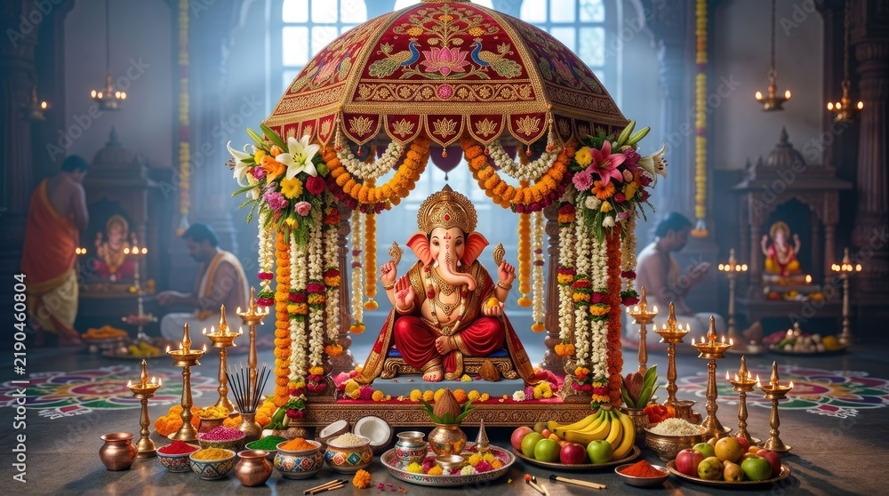 Fototapeta premium Wide Cinematic View Of A Vibrant Ganesh Chaturthi Celebration With Colorful Decorations And Offerings