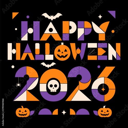 Happy Halloween 2026 typography with pumpkins bats and spider webs on black background