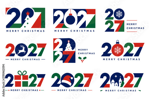 Modern 2027 Christmas typography designs with festive symbols in corporate color palette