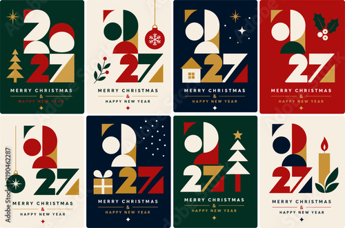 Modern geometric 2027 holiday greeting cards with festive motifs and abstract shapes in a flat design style