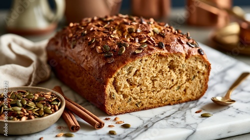a freshly baked loaf of bread on a marble surface. The bread has a goldenbrown crust and is sprinkled with pumpkin seeds and seeds. To the left of the bread is a small bowl filled with the seeds.