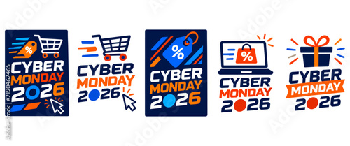 Cyber Monday Sale Icons with Shopping Cart and Gift Box during Digital Commerce