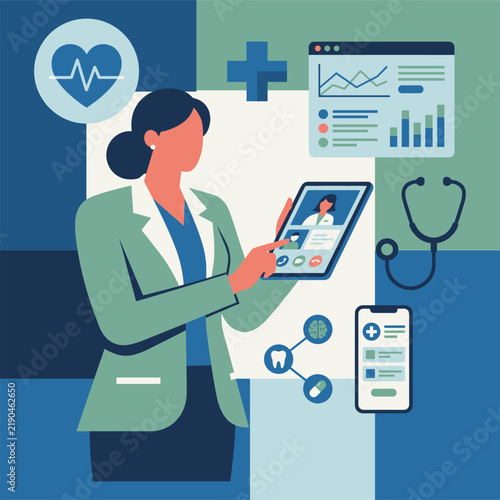 Female doctor consulting with patient on tablet with medical icons and data analytics in modern clinic setting