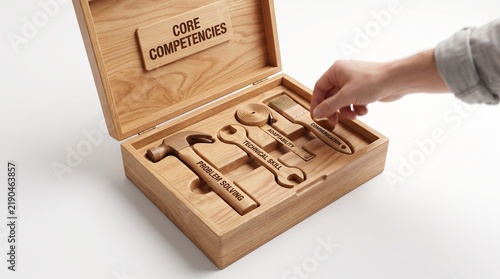 Hand reaching for a tool inside a toolbox labeled core competencies, business skills and problem solving concept on white background