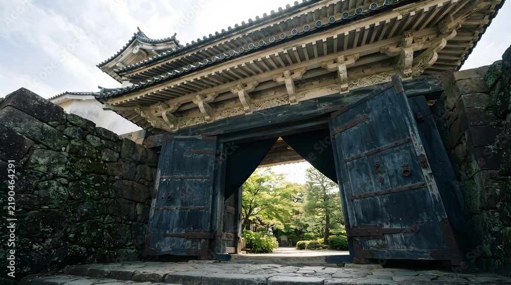 Fototapeta premium Historic Fortress Gate with Open Doors and Garden View