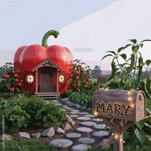 Whimsical digital illustration of a cute house shaped like a red pepper