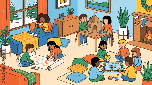 Joyful Diverse Children Engaged in Creative Play and Board Games During a Cozy Winter Break