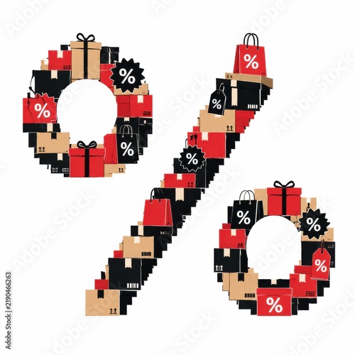 Vibrant percentage symbol created from assorted shopping bags gift boxes and delivery packages representing exciting retail sales and commerce offers
