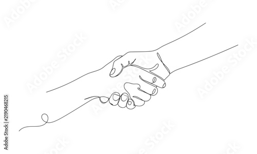 Continuous line art illustration of two hands shaking in a handshake agreement