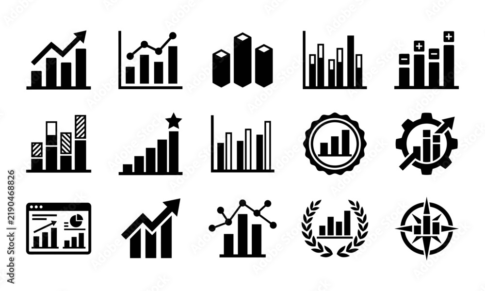 Obraz premium Set of black and white business graph and financial data analysis vector icon collection
