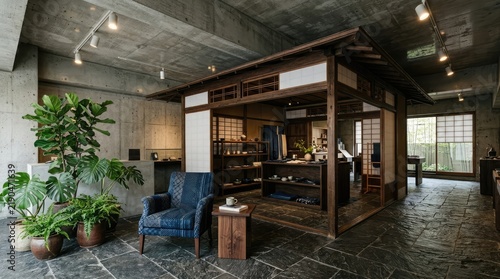 Traditional Japanese style room with wood and plants.