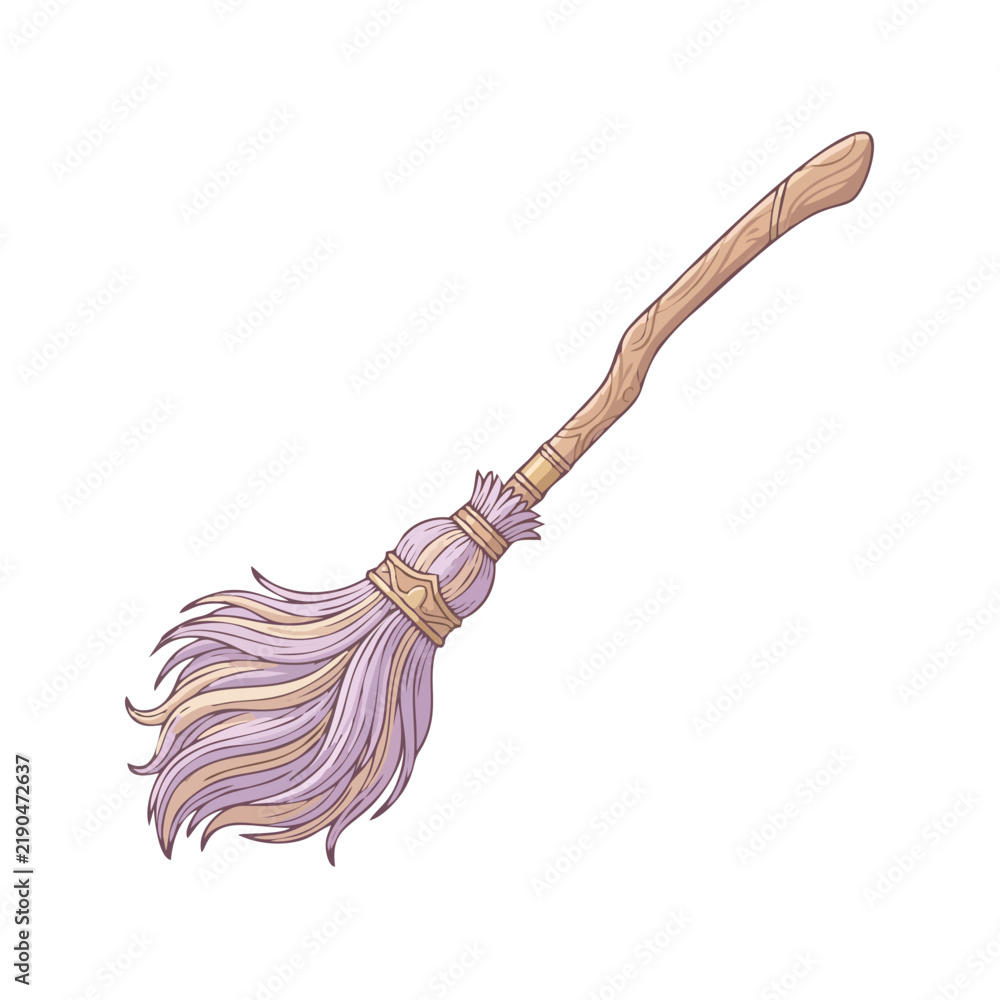 Obraz premium Fantasy Flying Broom with Wooden Handle and Purple Fibers