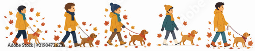 vector flat of a little boy walking with a pet dog in autumn