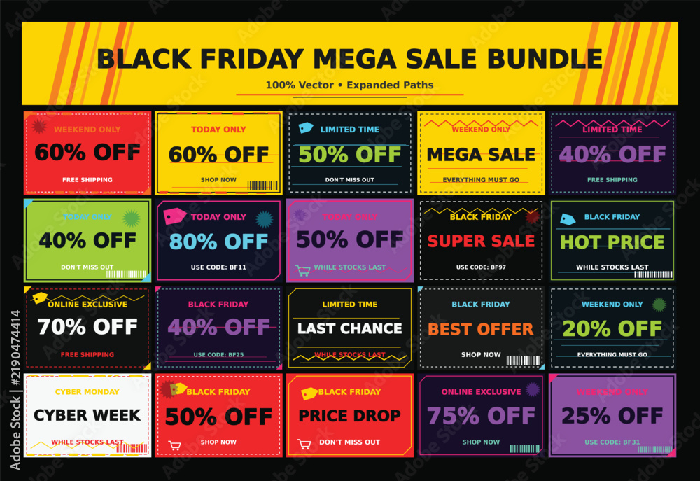 Obraz premium Black friday cyber week 30% off green blue yellow discount sale banner.
