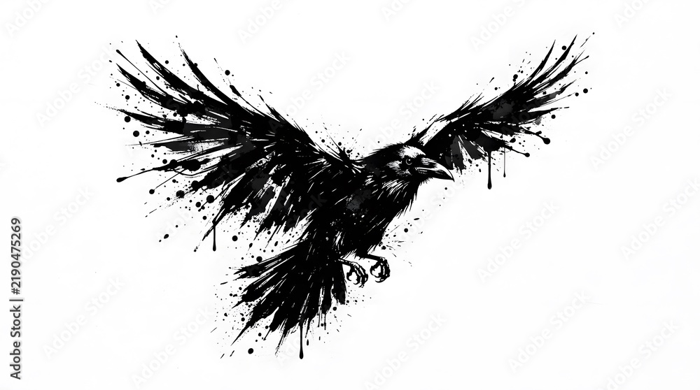 Obraz premium Watercolor ink illustration of a flying raven isolated on white background